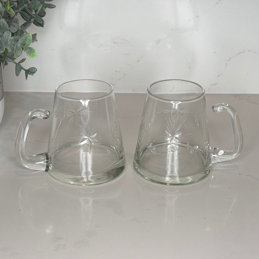 Vintage Etched Starburst Glass Mugs Set of 2 Clear Thumb Rest Handle